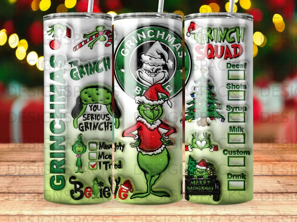 The Grinchmas tumbler features the Grinch holding a Starbucks cup and festive holiday elements.