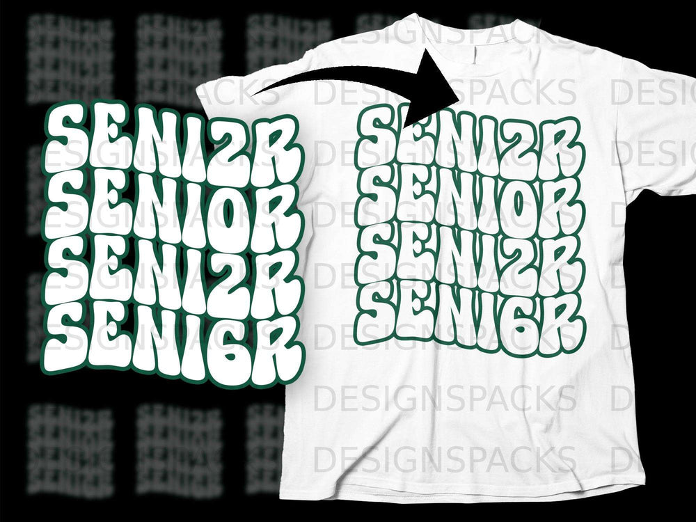 White t-shirt with repeating "SENIOR" text in a groovy font, green outline.