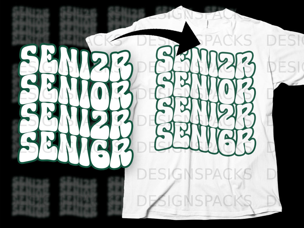 White t-shirt with repeating "SENIOR" text in a groovy font, green outline.