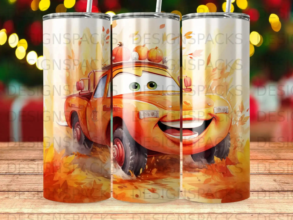 Lightning McQueen character from Cars with pumpkins and autumn leaves.