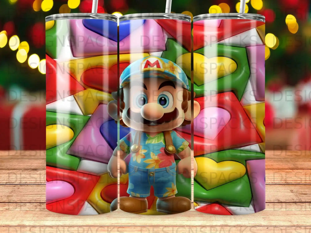 Mario character in overalls holding a pipe on a colorful geometric background.