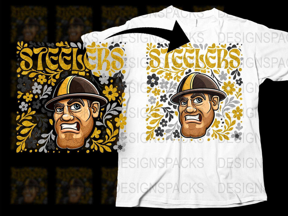 Pittsburgh Football Team Fan T-Shirt, Vintage Floral Design, Yellow and Black, Graphic Tee