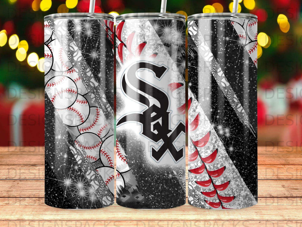 Chicago White Sox logo on tumbler with baseball and glitter design.