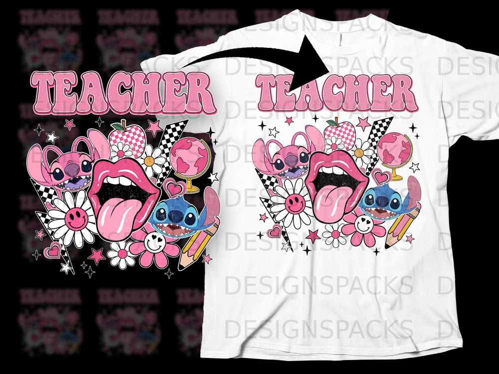 Pink "Teacher" text with Stitch, lips, flowers, apple, and globe.