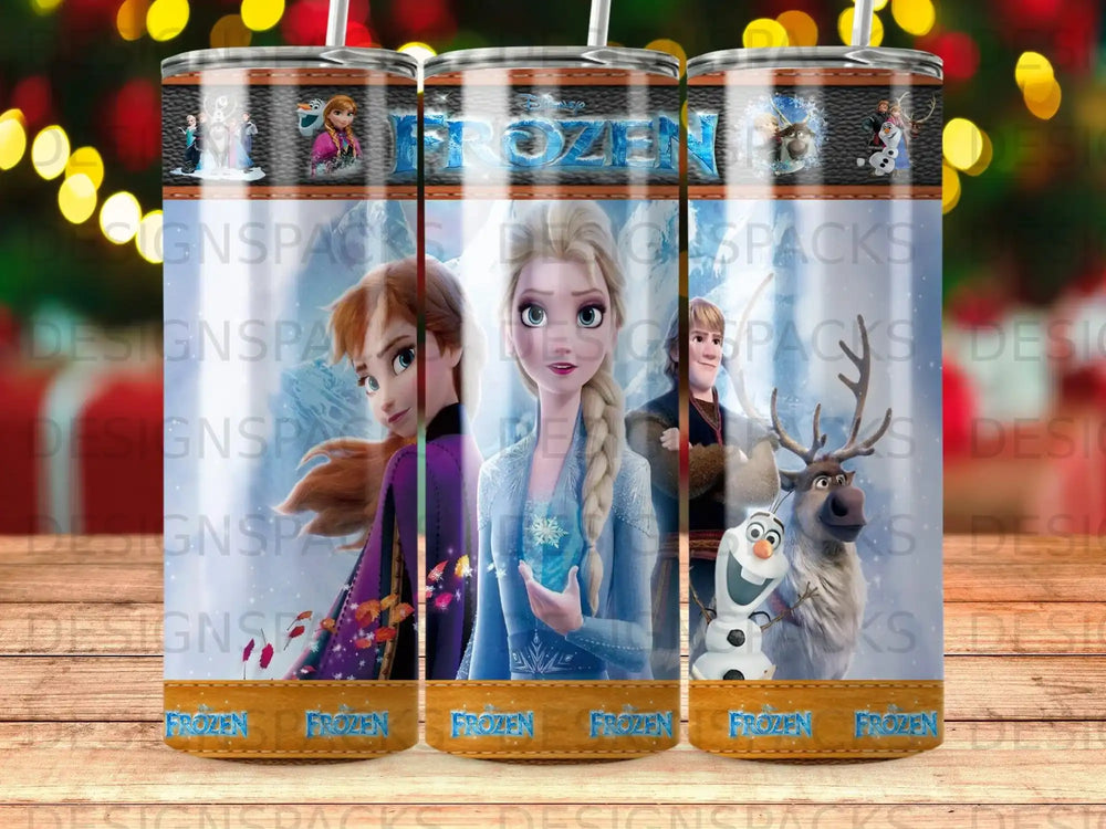 Frozen characters Elsa, Anna, Olaf, and Sven on a patterned tumbler.