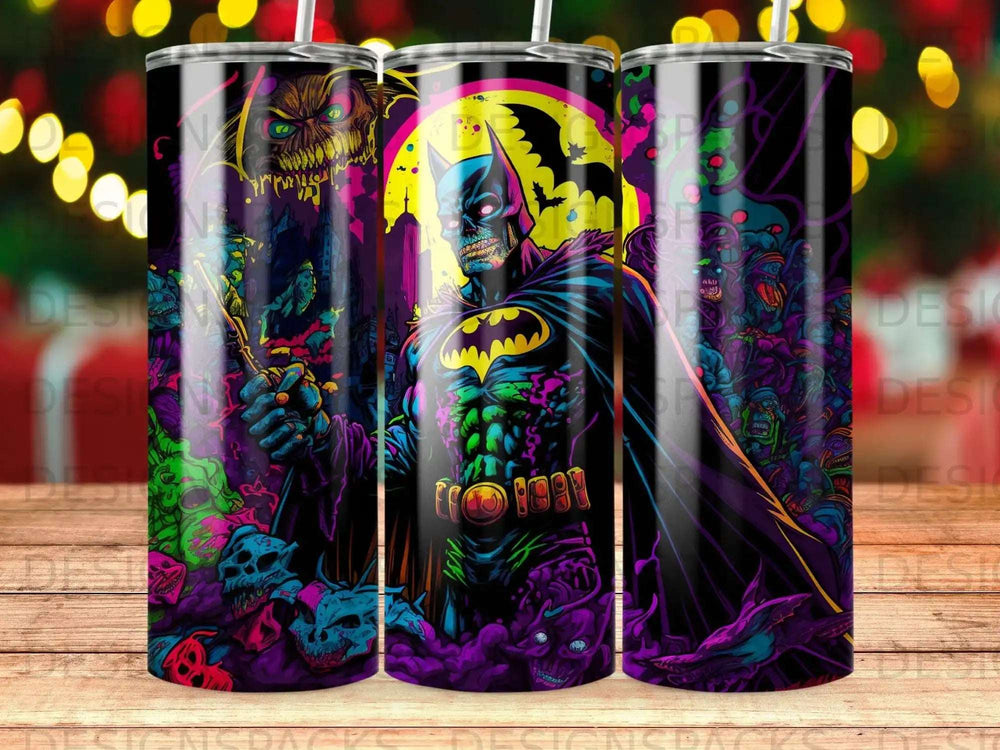 Batman surrounded by monsters and skulls against a yellow moon.