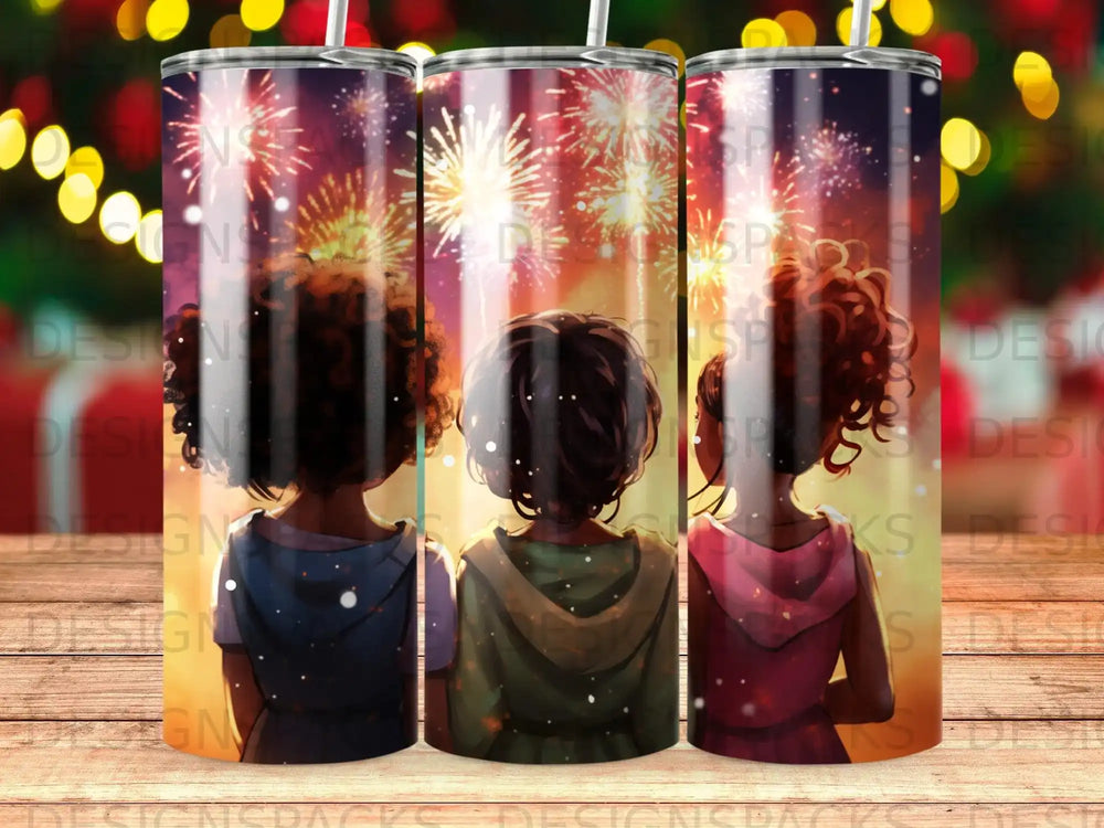 Three children watch fireworks on a tumbler.