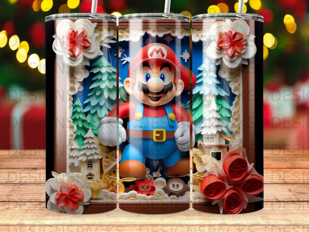 Mario character in a winter scene with red flowers and snowflakes.