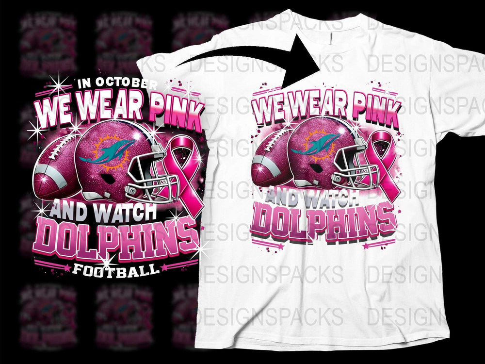 October Pink Dolphins Football T-Shirt, Graphic Sports Tee, Breast Cancer Awareness, Unisex Design