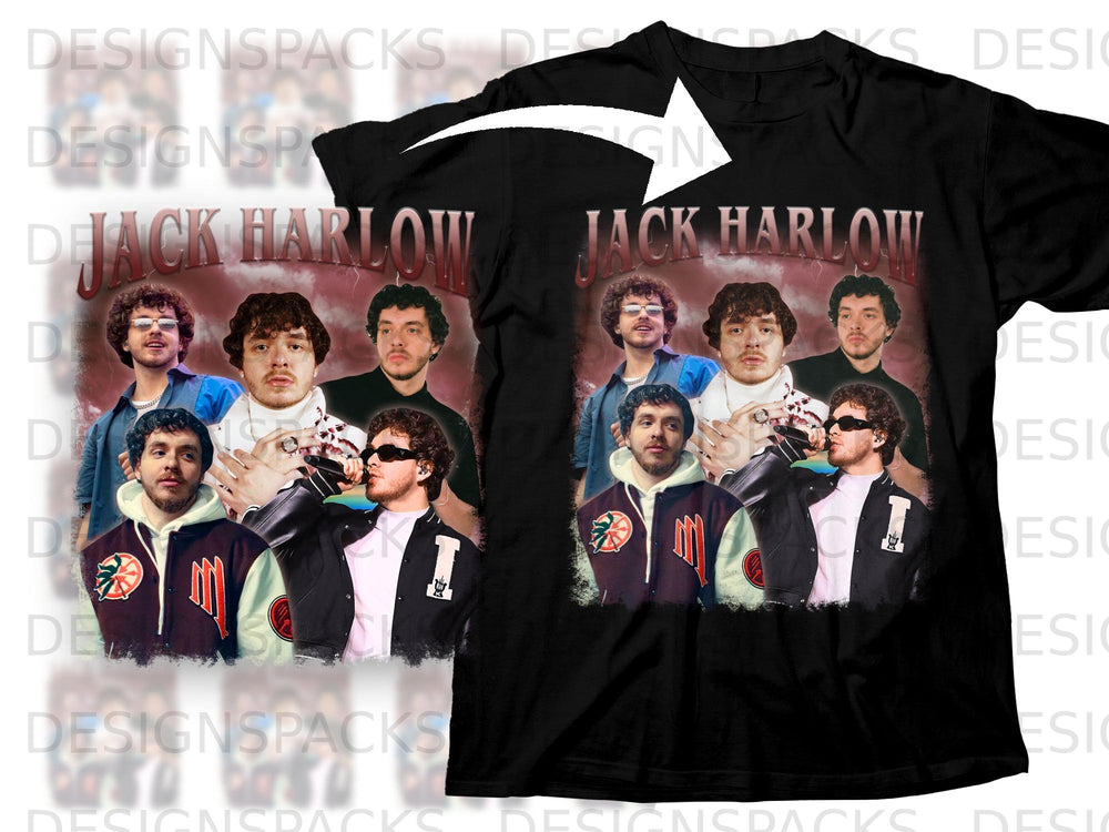 Black t-shirt featuring Jack Harlow collage with text "JACK HARLOW" and multiple photos.