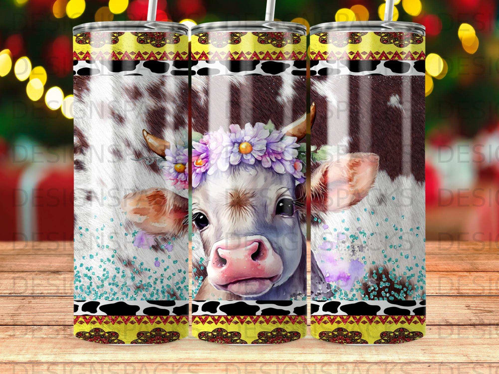 Cow with floral wreath on tumbler wrap design.