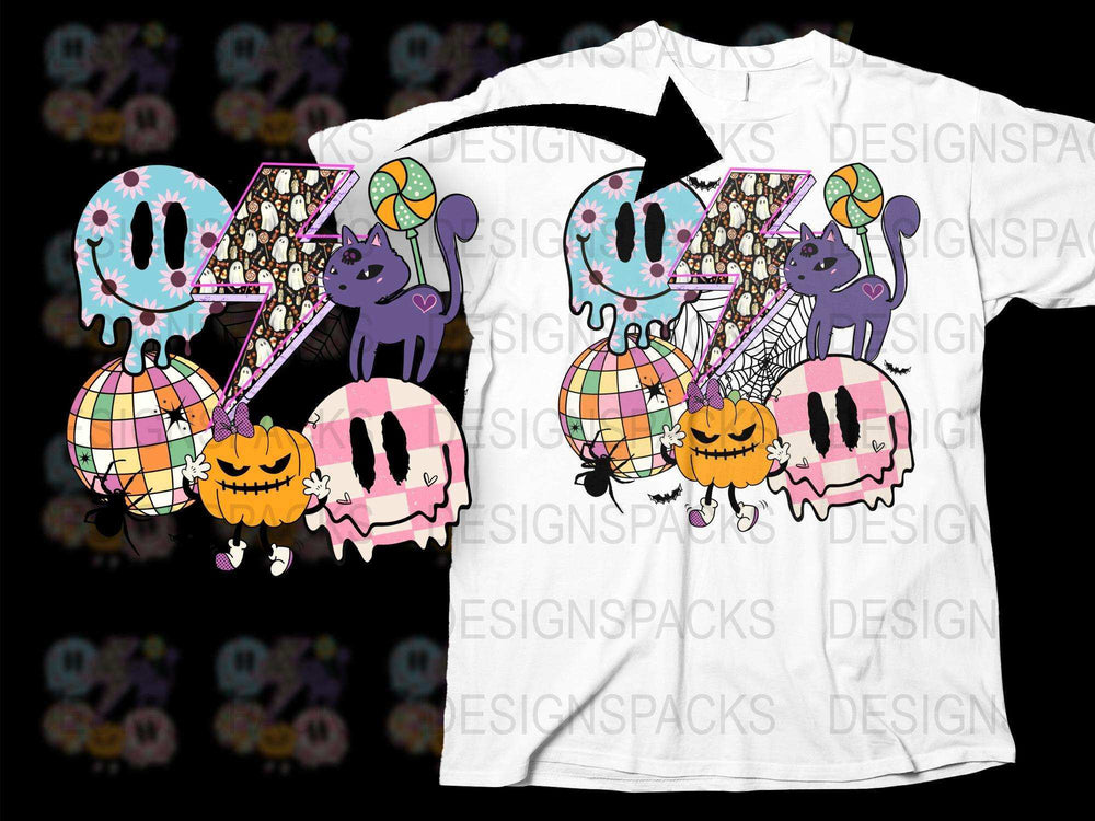 Cute Halloween T-Shirt with Cats, Pumpkins, and Ghosts, Colorful Spooky Graphic Tee, Festive Fall Apparel for All Ages