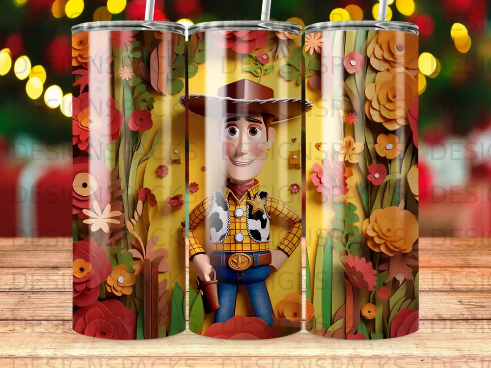 Woody from Toy Story character with floral background on tumbler.