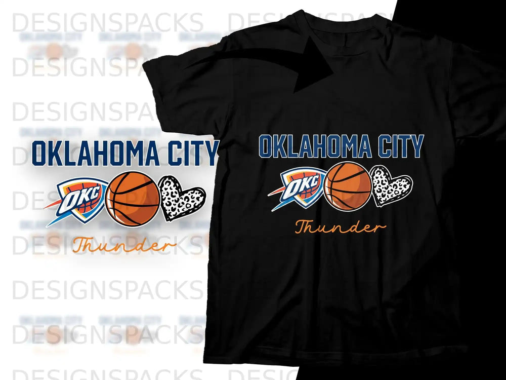 Oklahoma City Thunder logo with basketballs and leopard print hearts on a black t-shirt.