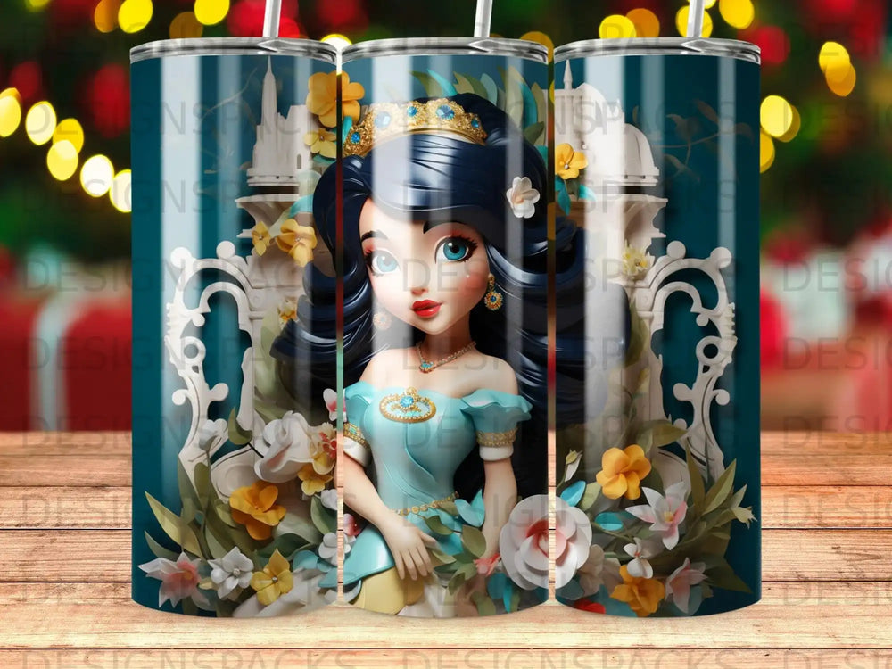Cartoon princess with crown and blue dress surrounded by flowers and ornate columns.