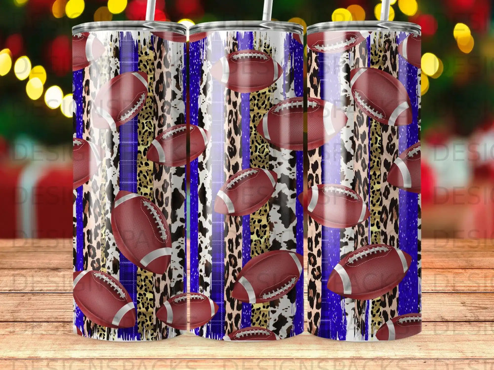 Tumbler with football, leopard print, and blue stripes pattern.
