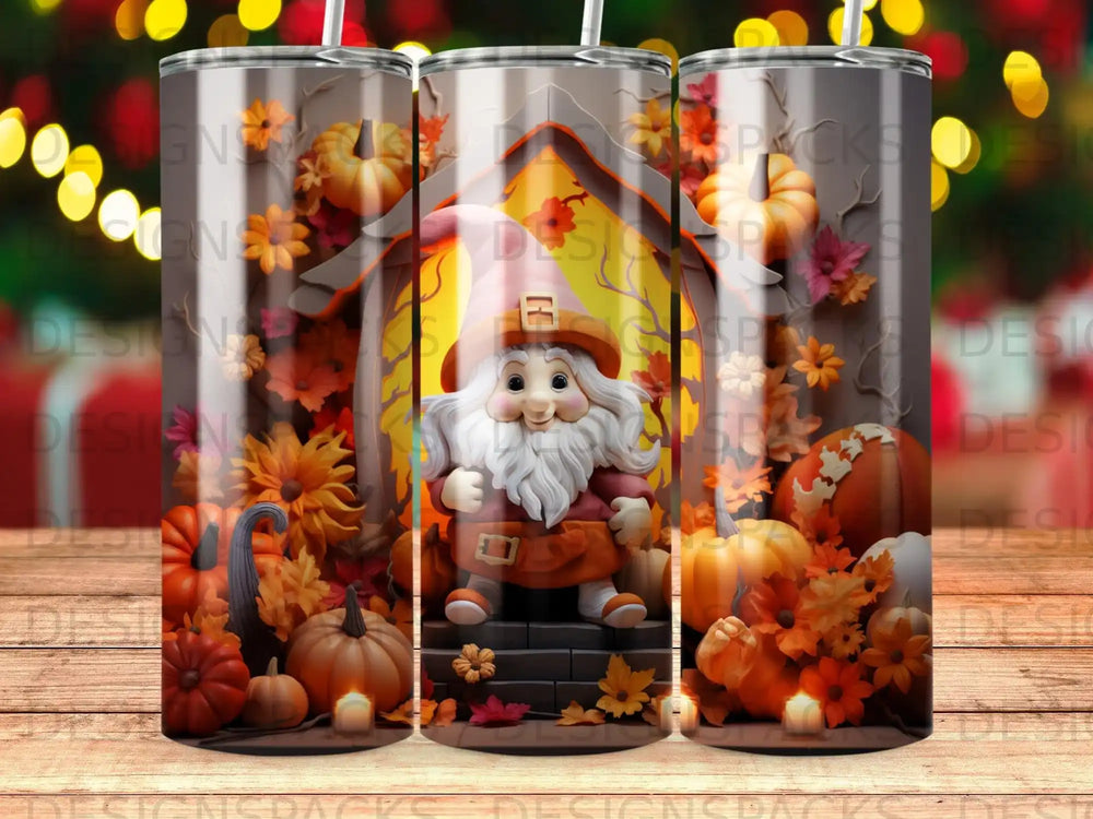 Gnome in pumpkin patch with fall leaves and lights.