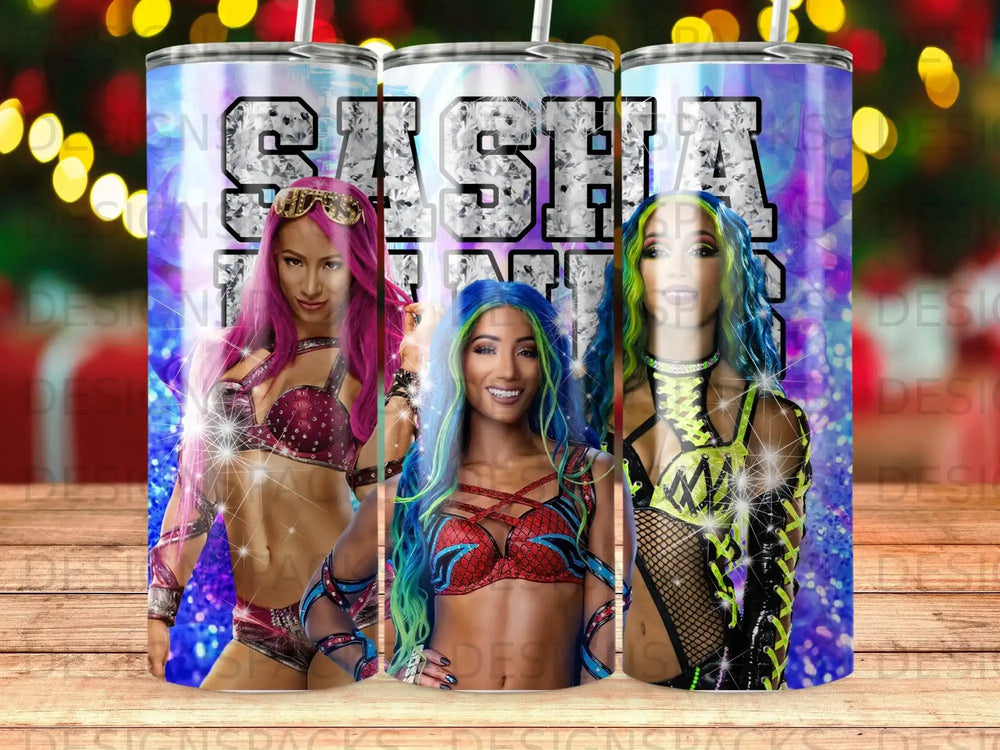Sasha Banks in sparkly wrestling gear with neon hair and makeup.