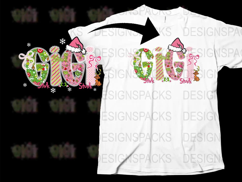 Christmas T-Shirt Santa Hat Candy Cane Gigi Letters Holiday Apparel Family Gift