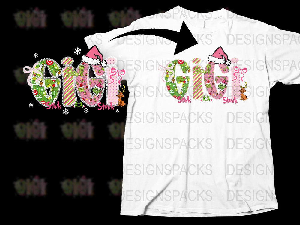 Christmas T-Shirt Santa Hat Candy Cane Gigi Letters Holiday Apparel Family Gift