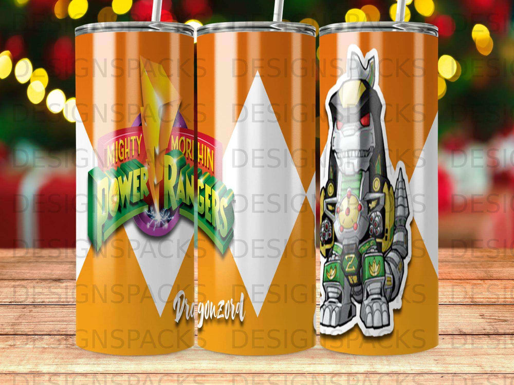 Mighty Morphin Power Rangers Megazord on a patterned tumbler.