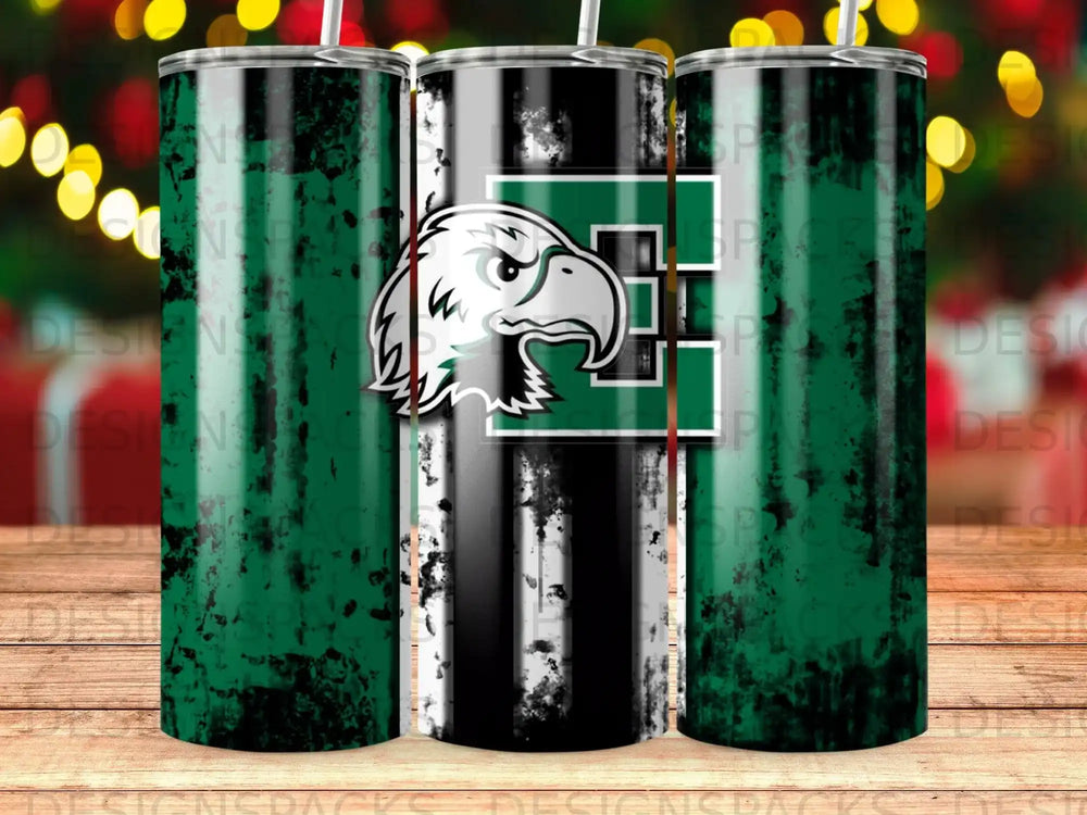 Green and black tumbler with eagle logo and distressed texture.