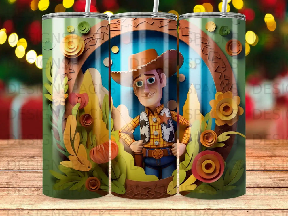 Woody from Toy Story stands in a decorative woodland scene.