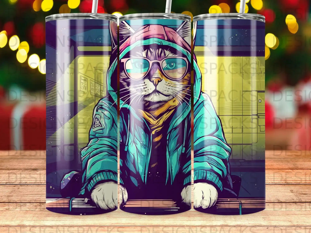 Cat wearing sunglasses and hoodie, standing behind a counter.