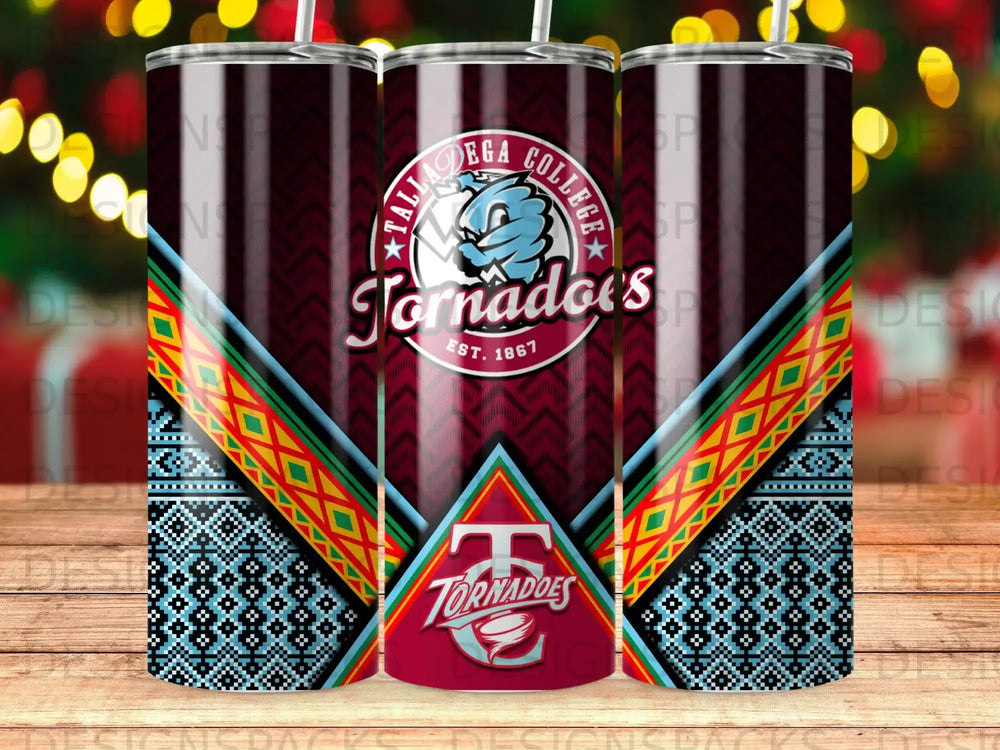 Talladega College Tornadoes tumbler with maroon, blue, and patterned designs.