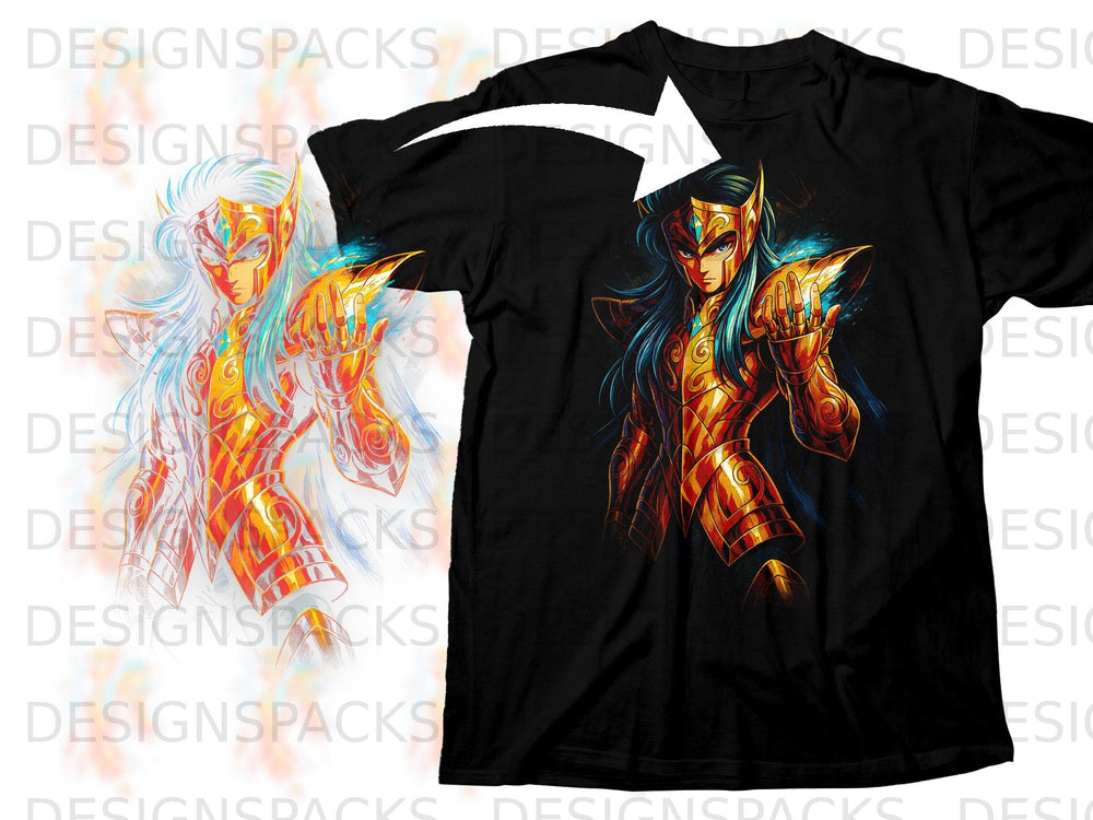 Black t-shirt featuring anime character with gold armor and blue hair.