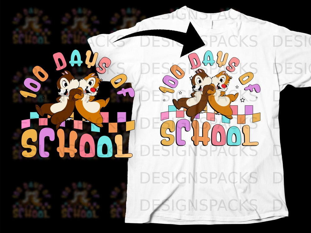 Chip and Dale with "100 Days of School" text on a white t-shirt.
