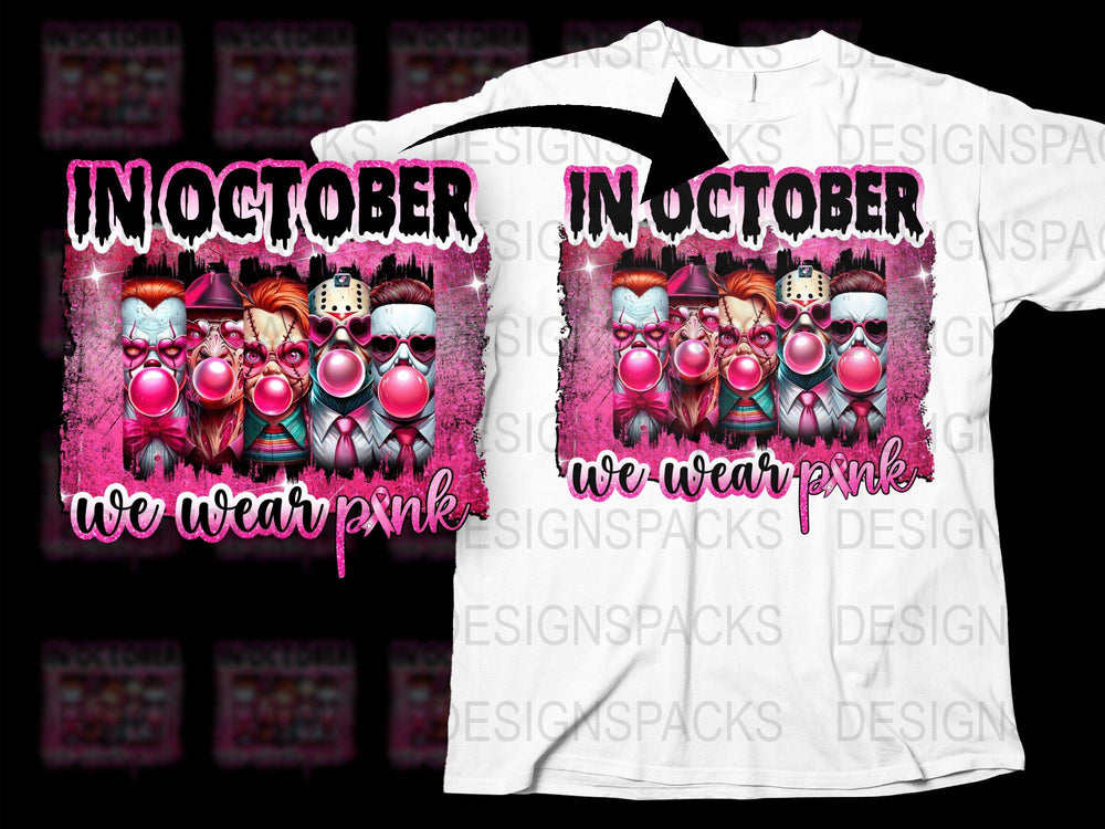 In October We Wear Pink Halloween T-Shirt, Spooky Clown Graphic Tee, Breast Cancer Awareness Shirt