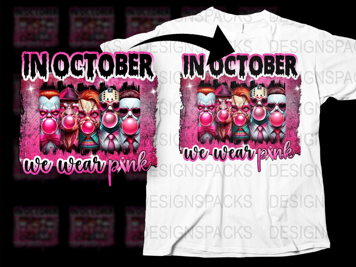 In October We Wear Pink Halloween T-Shirt, Spooky Clown Graphic Tee, Breast Cancer Awareness Shirt