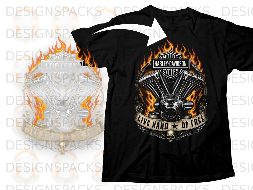 Black t-shirt with Harley-Davidson engine, flames, skull, and "Live Hard Be Free" text.