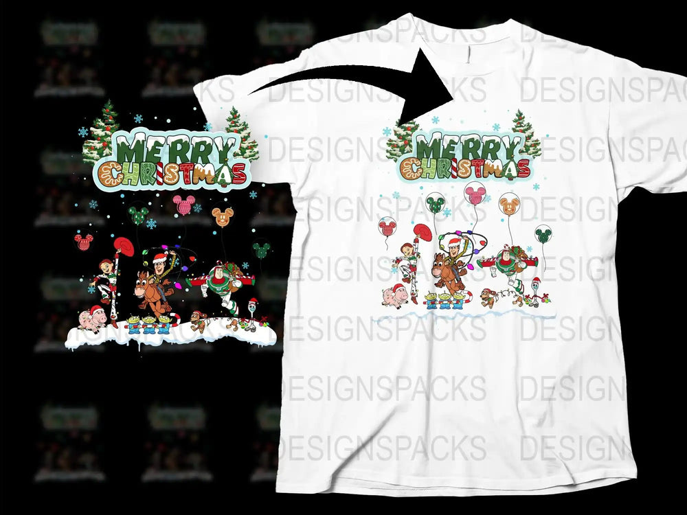Merry Christmas T-Shirt, Festive Holiday Graphic Tee, Cartoon Reindeer and Santa Design, Unisex Adult Clothing