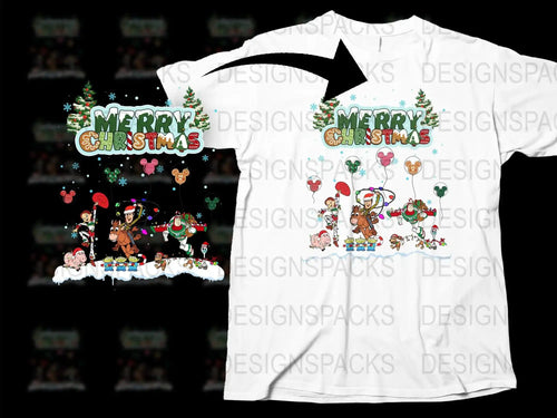 Merry Christmas T-Shirt, Festive Holiday Graphic Tee, Cartoon Reindeer and Santa Design, Unisex Adult Clothing