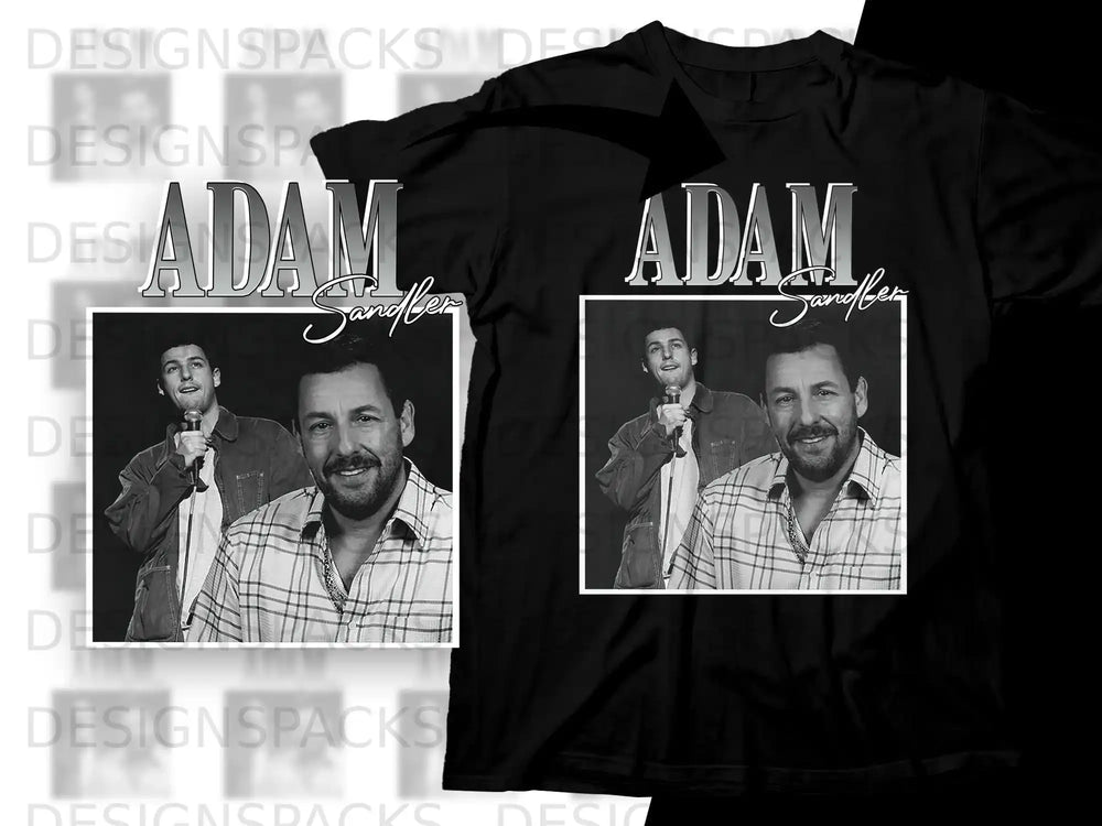 Adam Sandler wearing a plaid shirt, holding a microphone, on a t-shirt.