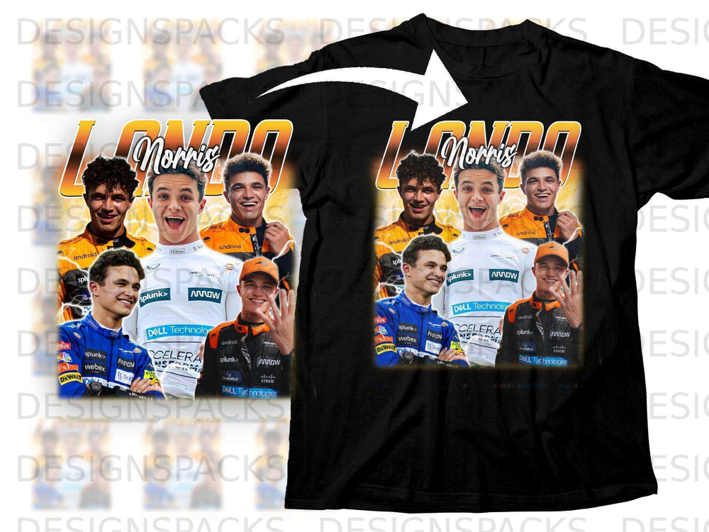 Lando Norris collage on black t-shirt with sponsor logos.