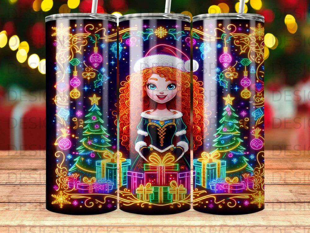 Cartoon girl in Santa hat with Christmas trees and presents, surrounded by colorful lights.