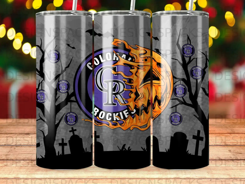Colorado Rockies tumbler with spooky Halloween tree and tombstone design.