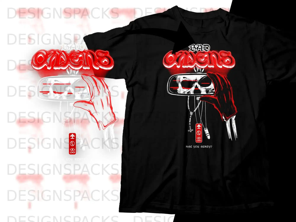 Black t-shirt with "BAD OMENS" and "ARE YOU READY?" text and graphic.