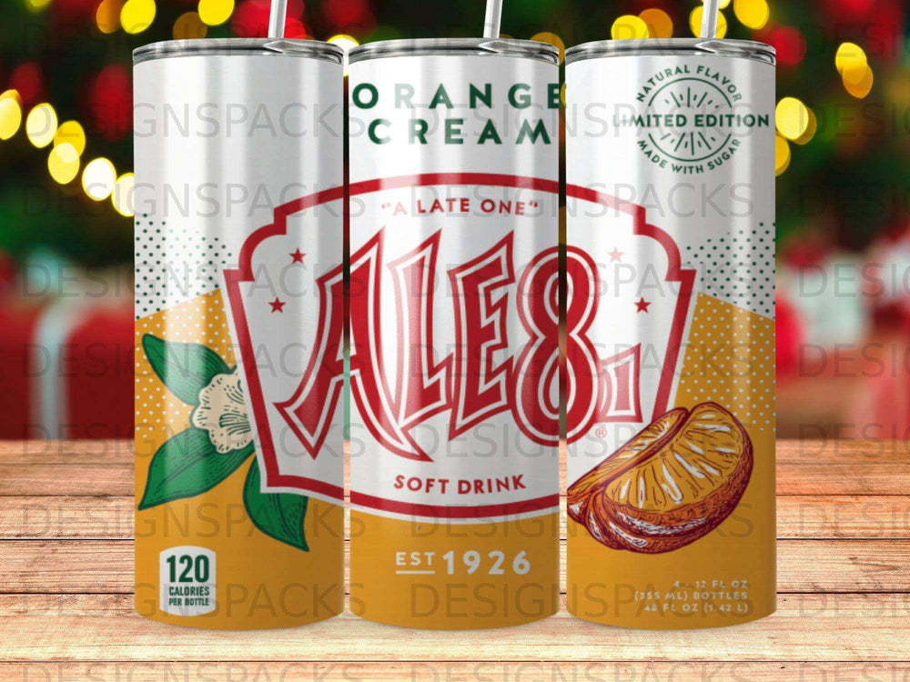 Ale-8-One orange cream soda, 120 calories per bottle, limited edition design.