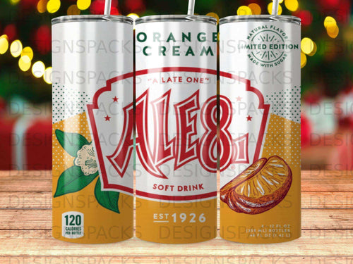 Ale-8-One orange cream soda, 120 calories per bottle, limited edition design.