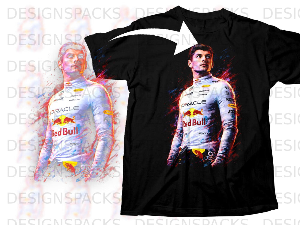 Red Bull racing driver Max Verstappen graphic on a black t-shirt.