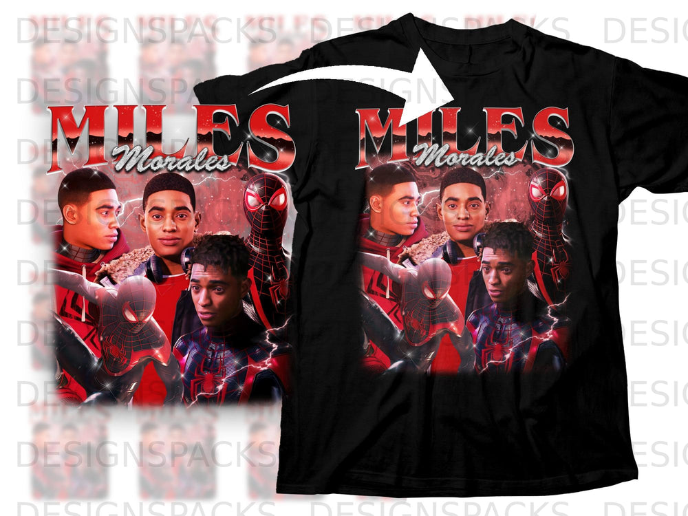 Black t-shirt with "Miles Morales" text and three images of Spider-Man characters.