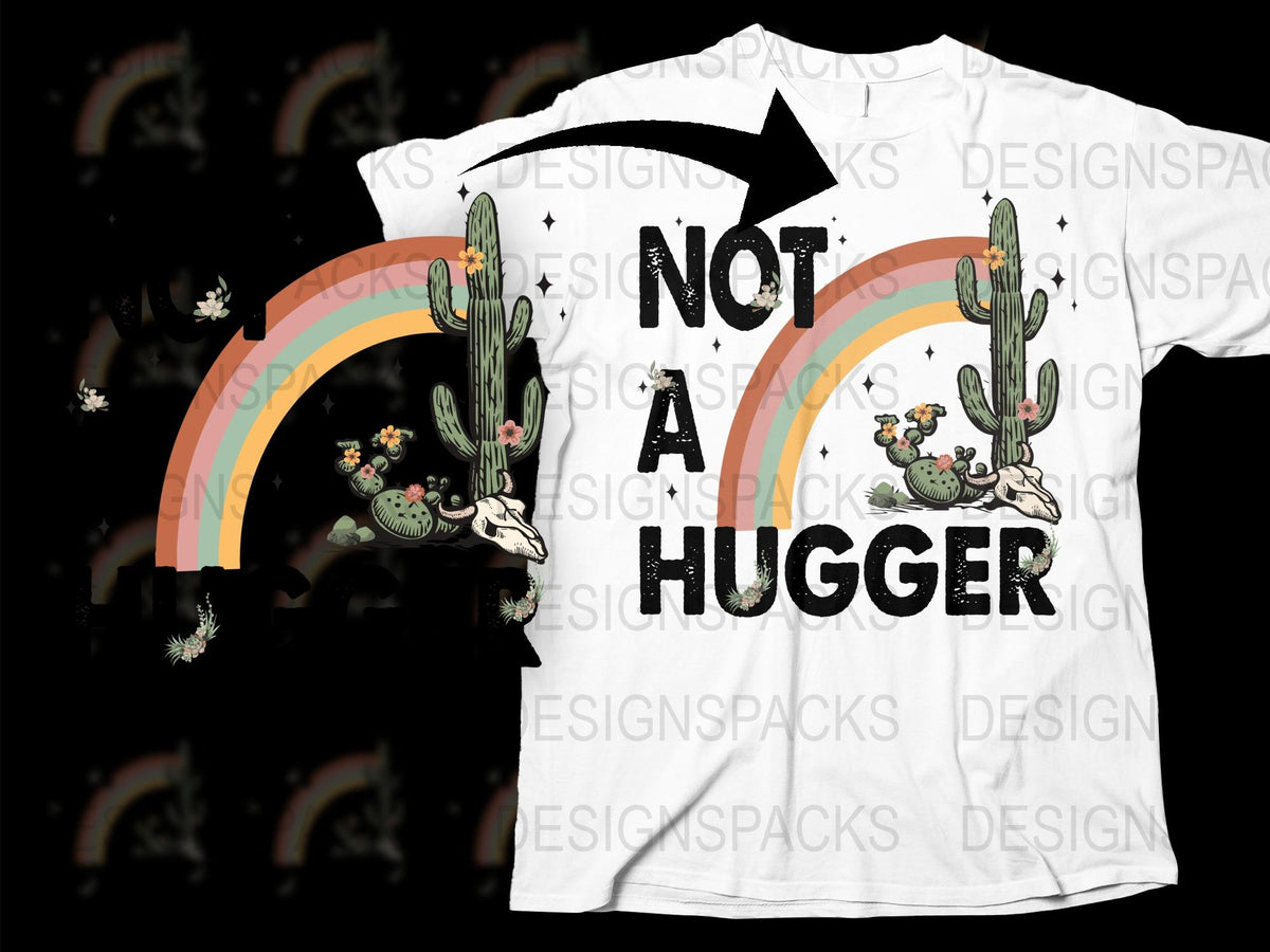 Not a Hugger Cactus Design T-Shirt with Rainbow Graphic, Funny Succulent Tee, Casual Summer Outfit, Unisex White Shirt