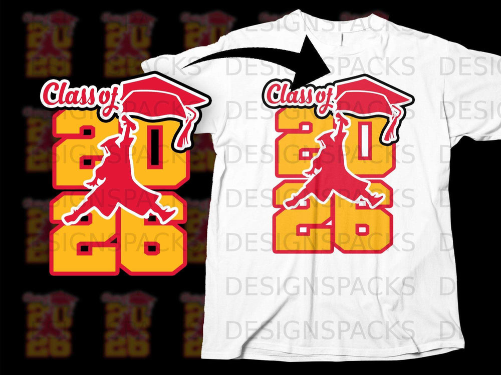 Red graduation cap and gown over "Class of 2026" graphic.