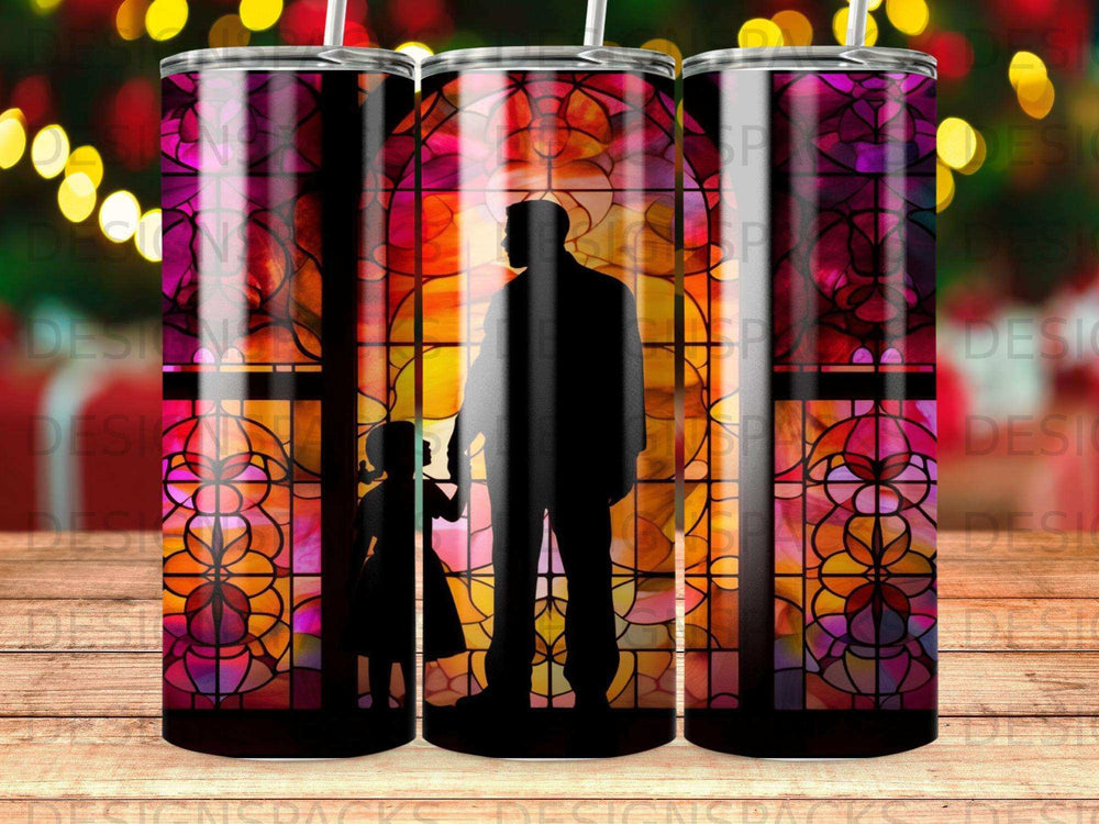 Silhouette of father and daughter holding hands against stained glass.