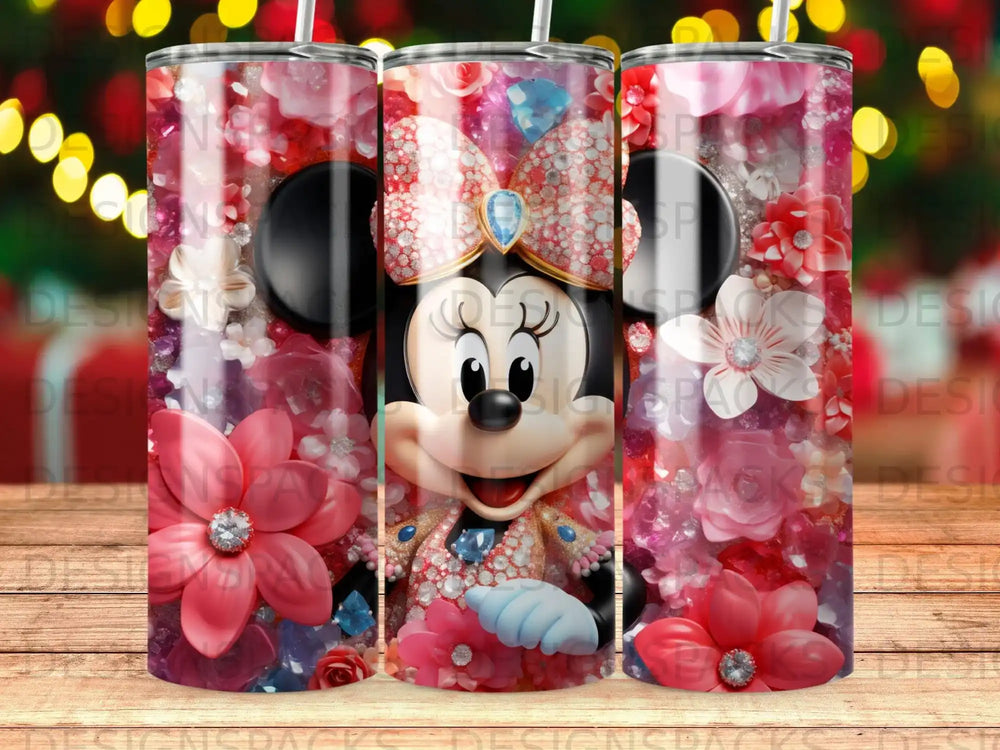 Minnie Mouse adorned in jewels and surrounded by red and pink flowers.