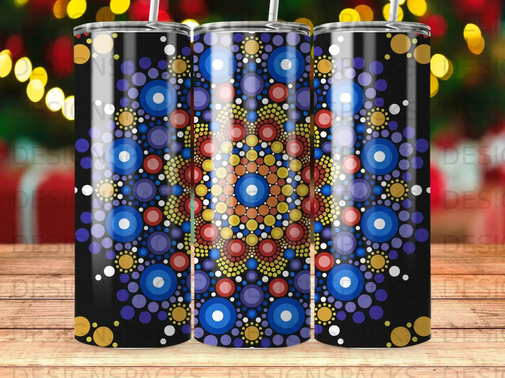Black tumbler with colorful mandala dot art design.